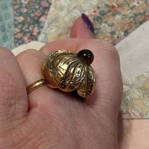 vintage antique heavy metal gold flower dome ring with brown stone